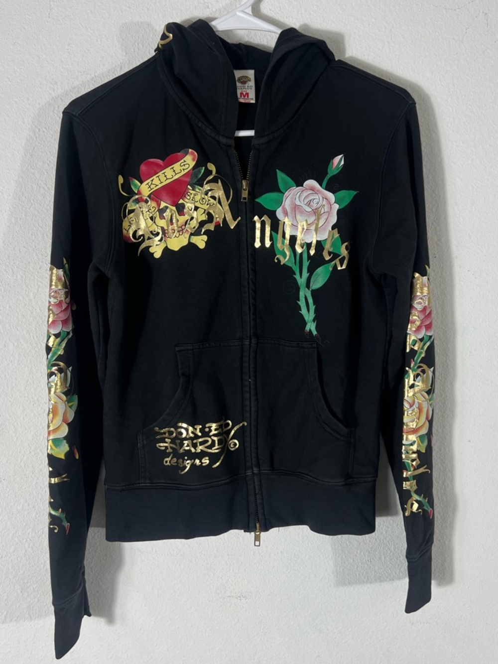 Don Ed Hardy Vintage Zip Hoodie Roses Skull Gold Foil Y2K